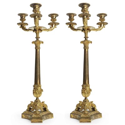 Empire Three-Flame Candelabra in Gilded Bronze, 1800s, Set of 2-TBU-2042155