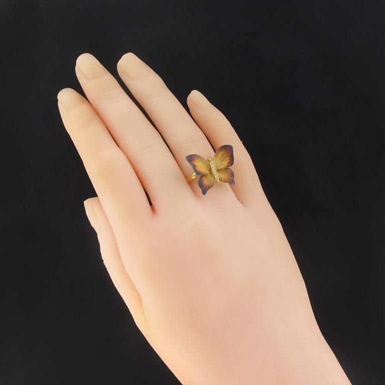 Enamel Diamond and Yellow Gold Butterfly Ring