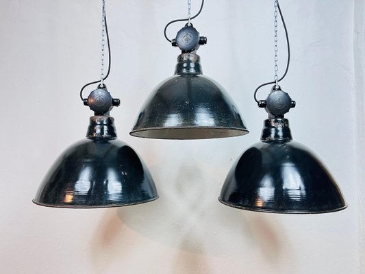 Enamel Factory Lamps, GDR, 1960s, Set of 3-WPB-1786007