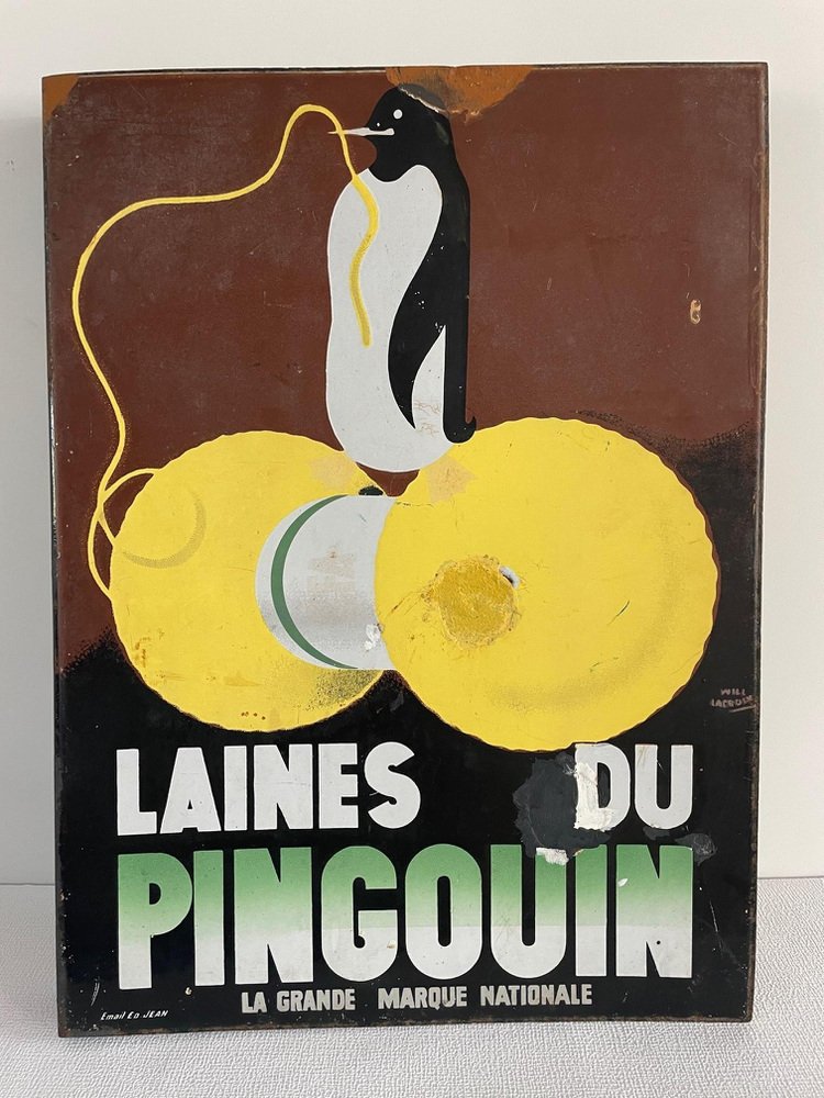 Enamel Laines Du Pingouin Sign by Ed Jean for Will Lacroix, 1930s