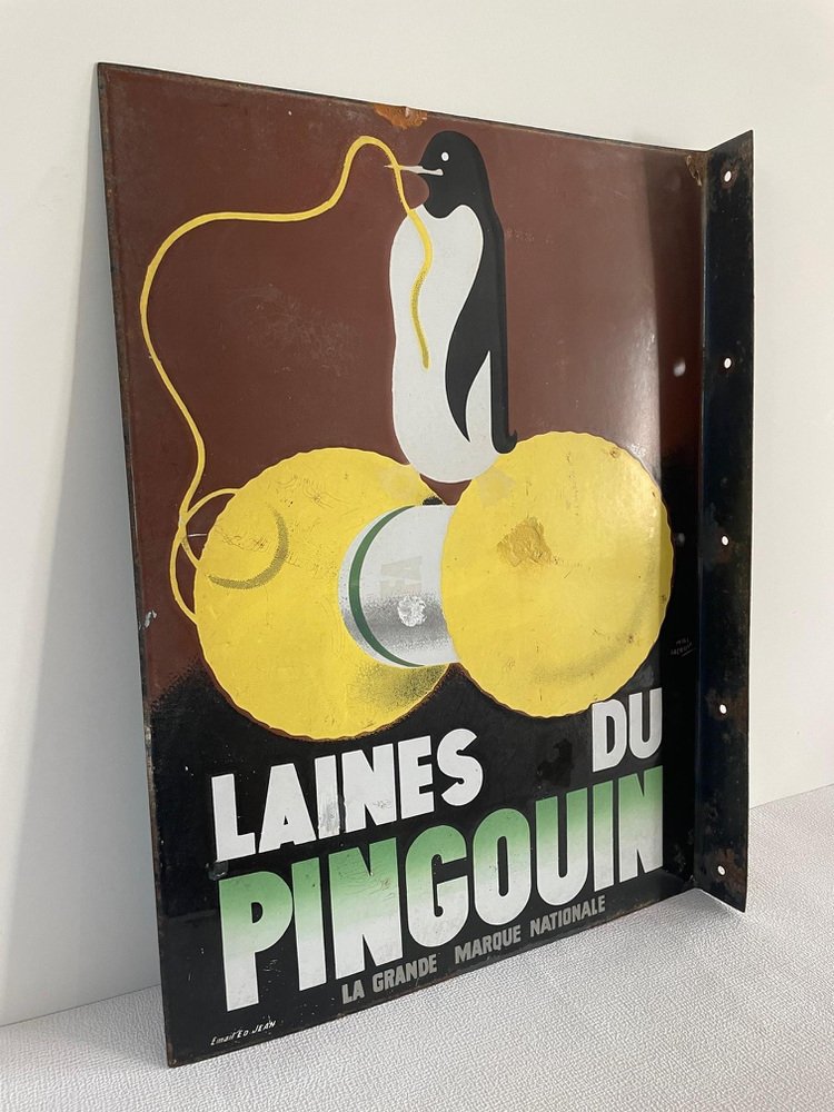 Enamel Laines Du Pingouin Sign by Ed Jean for Will Lacroix, 1930s