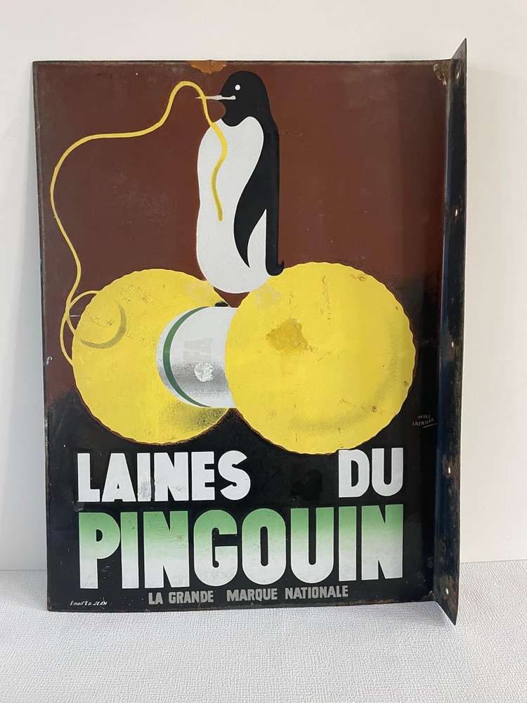 Enamel Laines Du Pingouin Sign by Ed Jean for Will Lacroix, 1930s