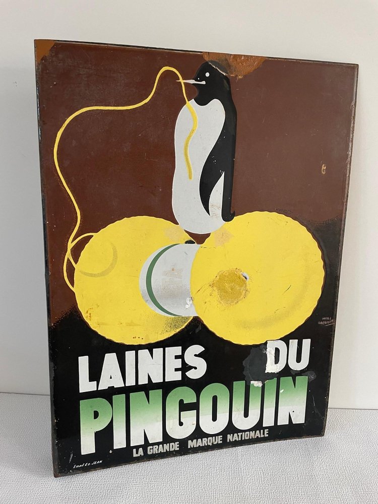 Enamel Laines Du Pingouin Sign by Ed Jean for Will Lacroix, 1930s