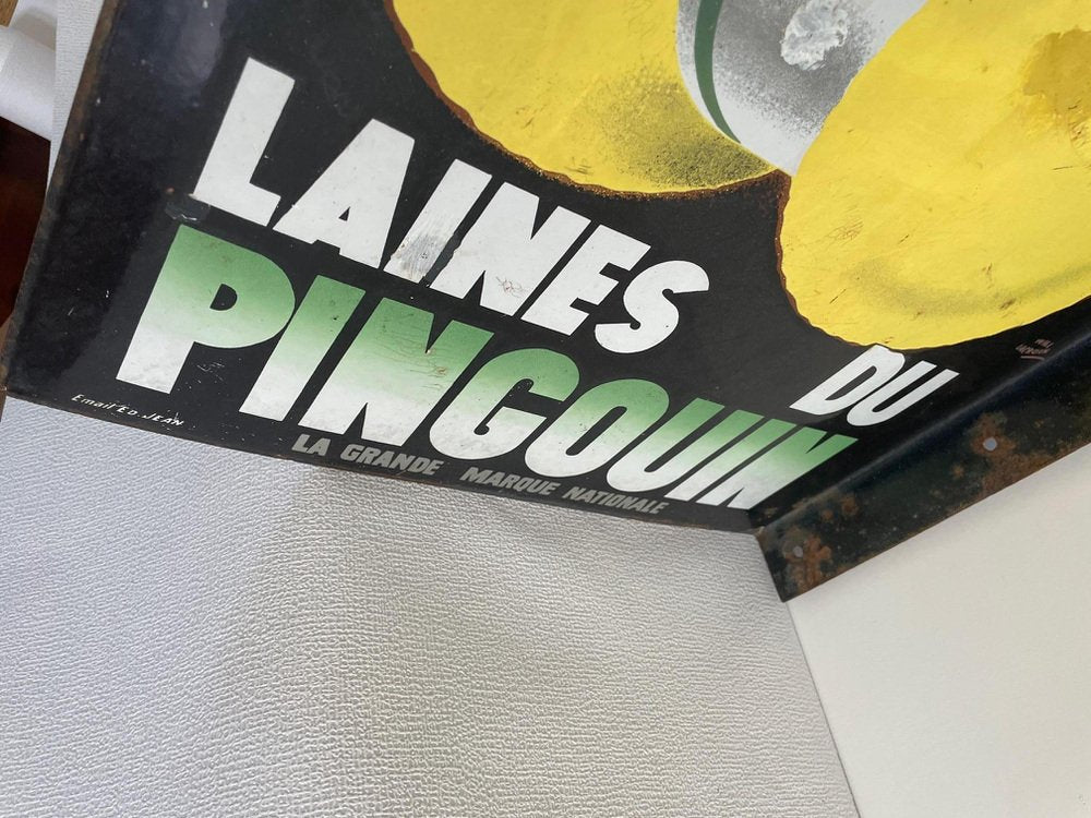 Enamel Laines Du Pingouin Sign by Ed Jean for Will Lacroix, 1930s