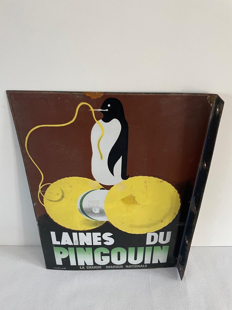 Enamel Laines Du Pingouin Sign by Ed Jean for Will Lacroix, 1930s