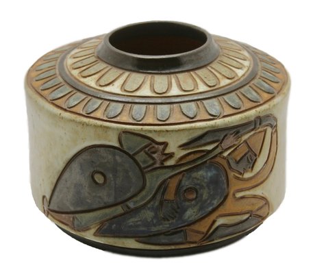 Enameled Stoneware Cylindrical Vase with Engraved Rotating Design by A. Dubois for Bouffioulx,