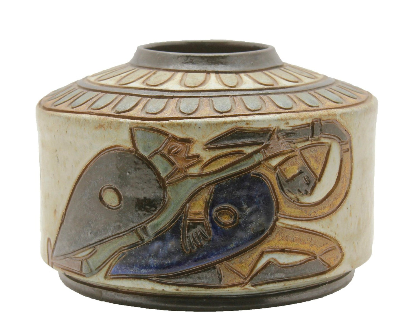 Enameled Stoneware Cylindrical Vase with Engraved Rotating Design by A. Dubois for Bouffioulx,