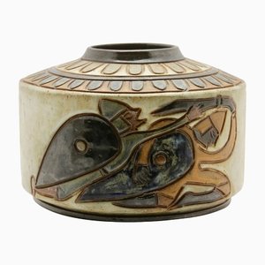 Enameled Stoneware Cylindrical Vase with Engraved Rotating Design by A. Dubois for Bouffioulx,-MJY-1149038