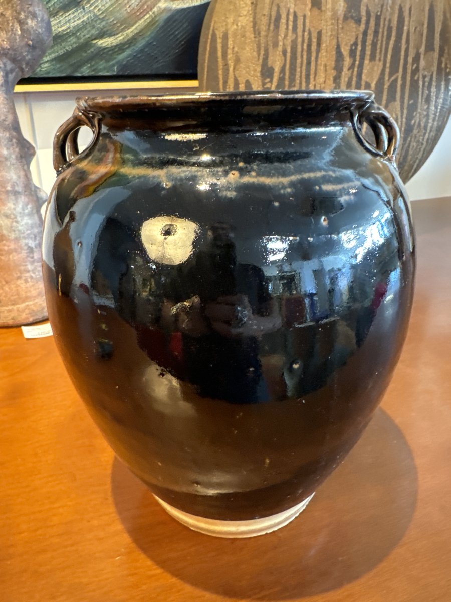 Enameled Stoneware Vase with Black Mirror Glaze from Song Dynasty, China, XVI Century