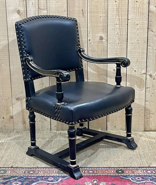 English Armchair in Blackened Wood and Covered with Black Bake, 1950s