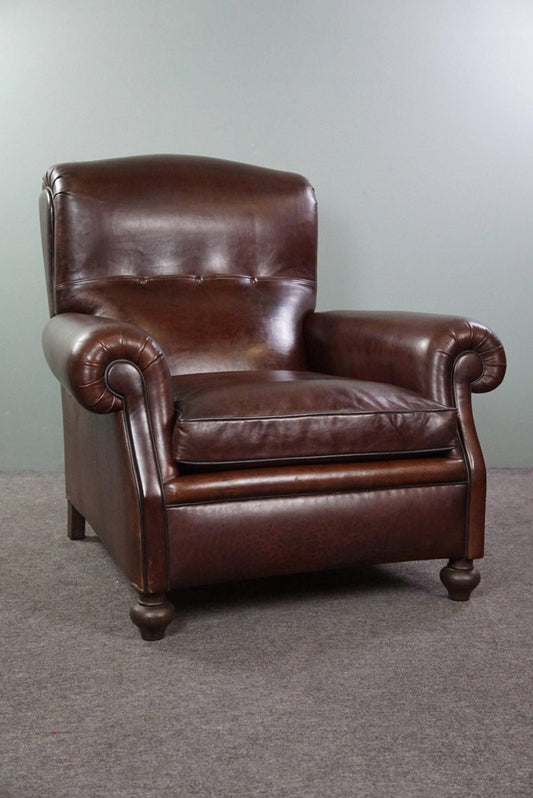 English Armchair in Dark Brown Sheep Leather