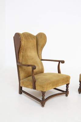 English Armchairs in Velvet and Walnut Wood, Late 19th Century, Set of 2