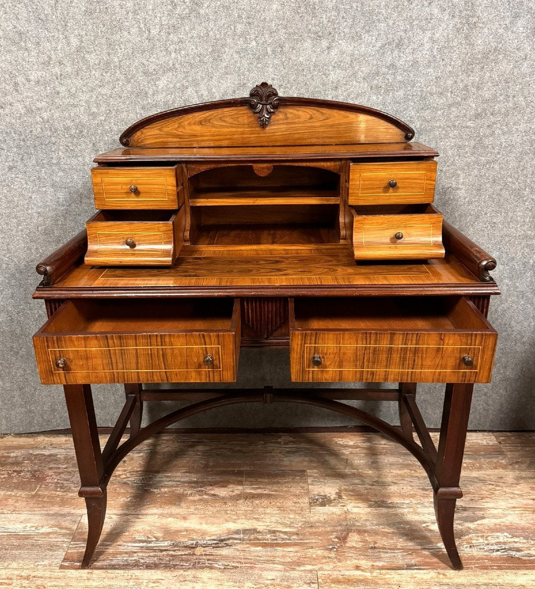 English Art Nouveau Happiness of the Day Desk in Marquetry, 1900s