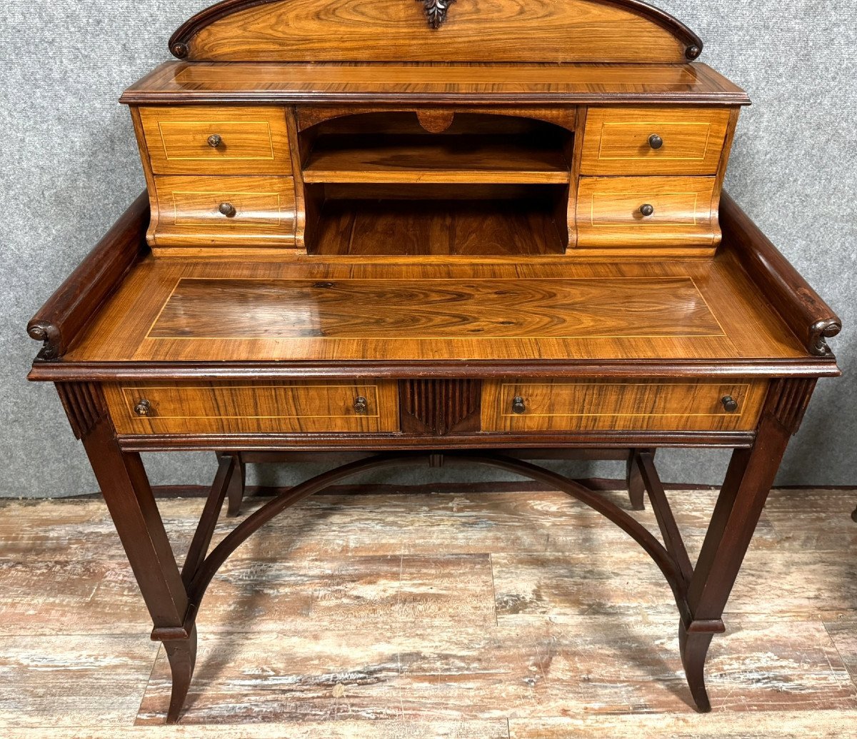 English Art Nouveau Happiness of the Day Desk in Marquetry, 1900s