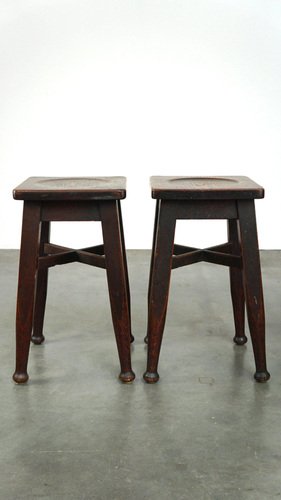 English Art Nouveau Oak Stools, Set of 2