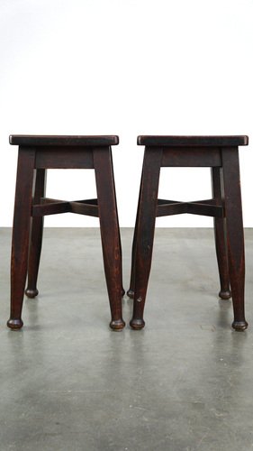 English Art Nouveau Oak Stools, Set of 2