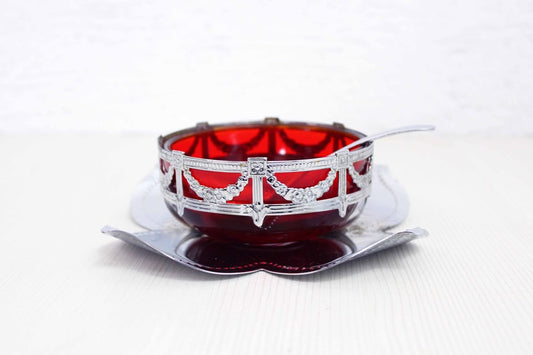 English Art Nouveau Silver Metal and Glass Sugar Bowl