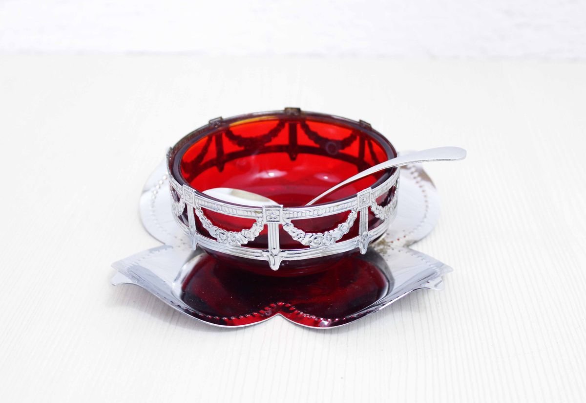 English Art Nouveau Silver Metal and Glass Sugar Bowl-BQF-893671