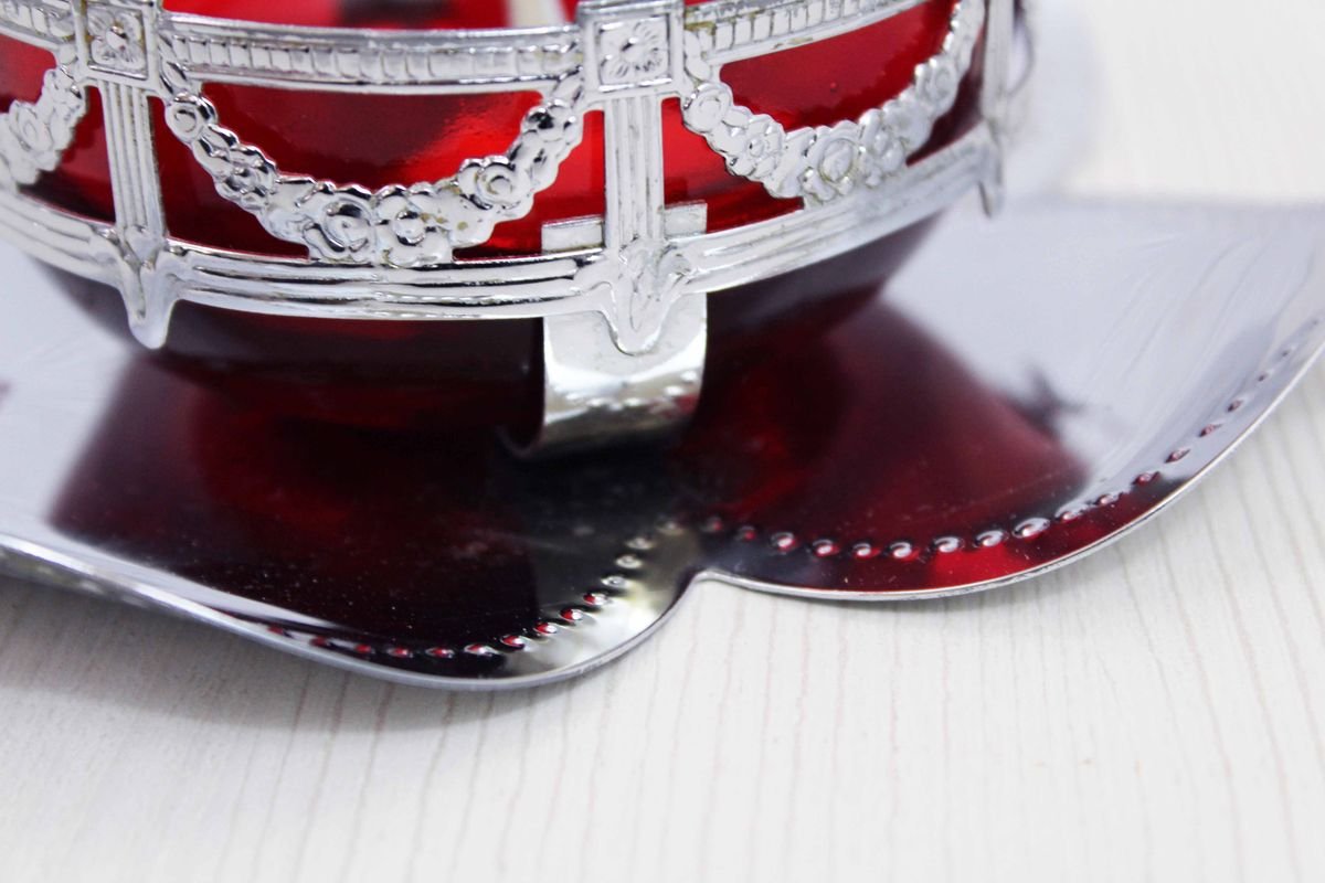 English Art Nouveau Silver Metal and Glass Sugar Bowl