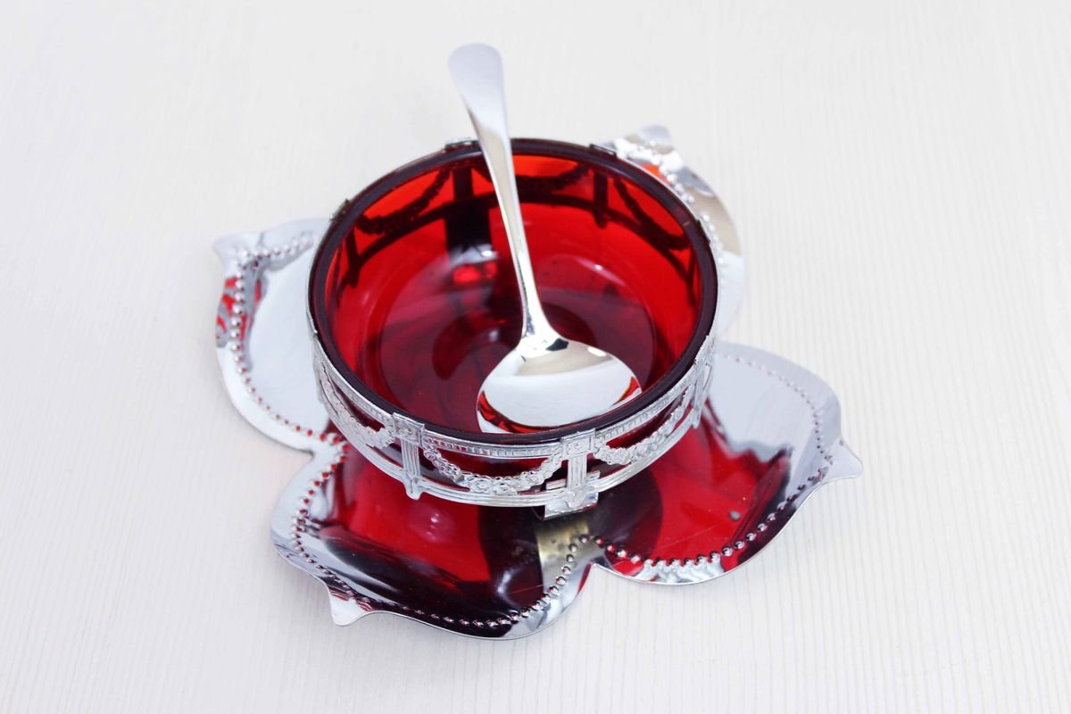 English Art Nouveau Silver Metal and Glass Sugar Bowl-BQF-893671