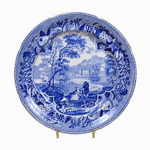 English Blue and White Dinner Plate with Bucolic Scene from CR, 1830s-YNA-783491