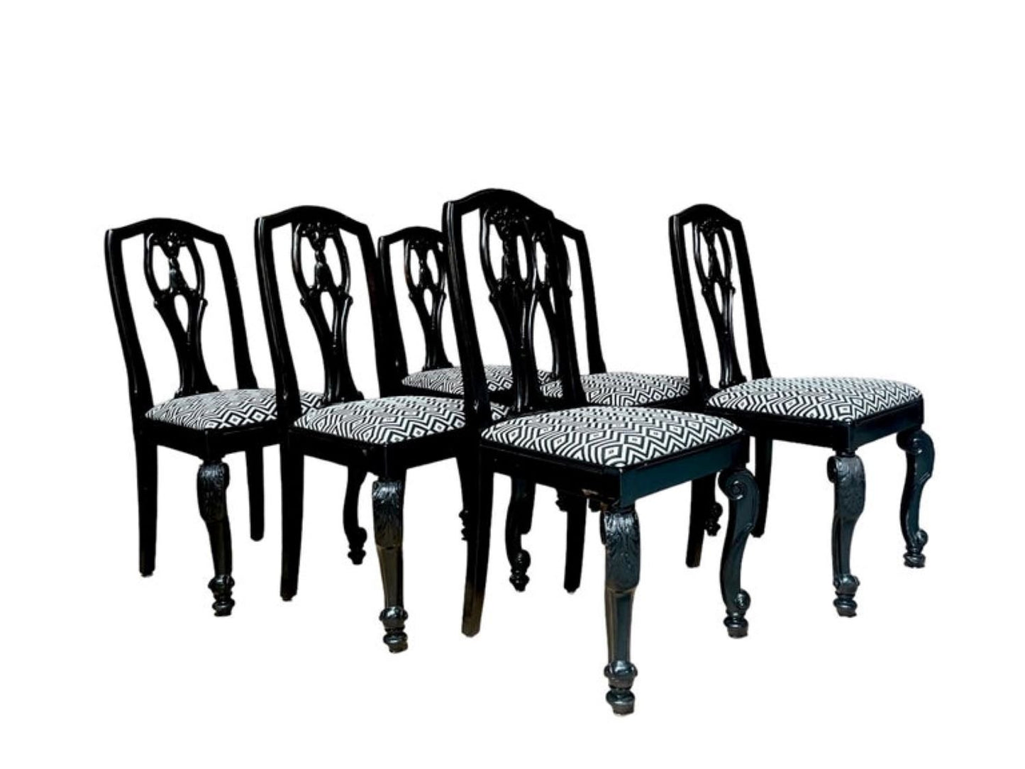 English Chippendale / Baroque Black Lacquered Upholstered Chairs, 19th Century, Set of 6