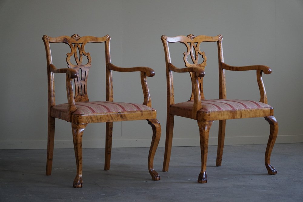 English Chippendale Style Armchairs in Birch, England, 1920s, Set of 2