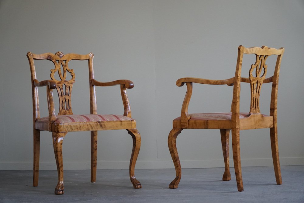 English Chippendale Style Armchairs in Birch, England, 1920s, Set of 2