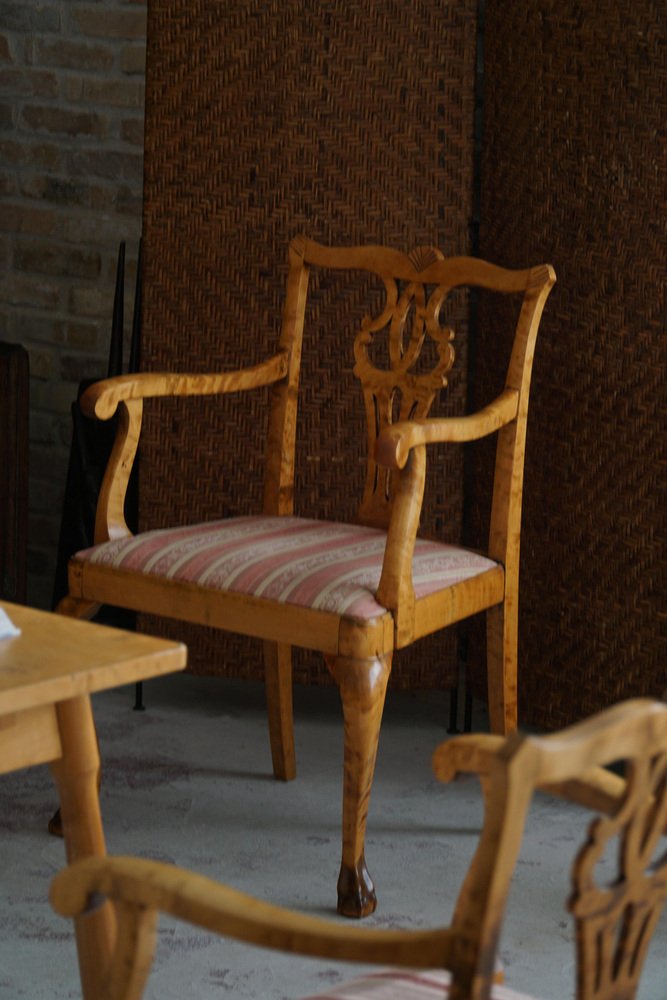 English Chippendale Style Armchairs in Birch, England, 1920s, Set of 2