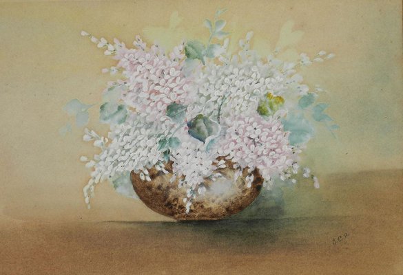 English Flowers in a Bowl Watercolor, 1905-ARU-626094