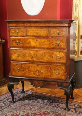 English George II Style Burl Walnut and Marquetry Chest on Stand or Highboy, 1890s-AXE-1433464