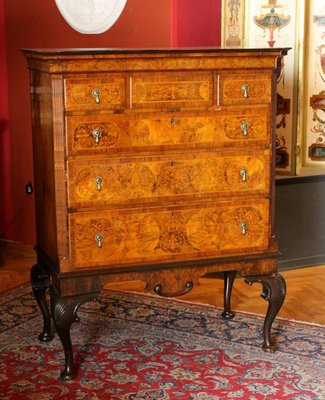 English George II Style Burl Walnut and Marquetry Chest on Stand or Highboy, 1890s-AXE-1433464