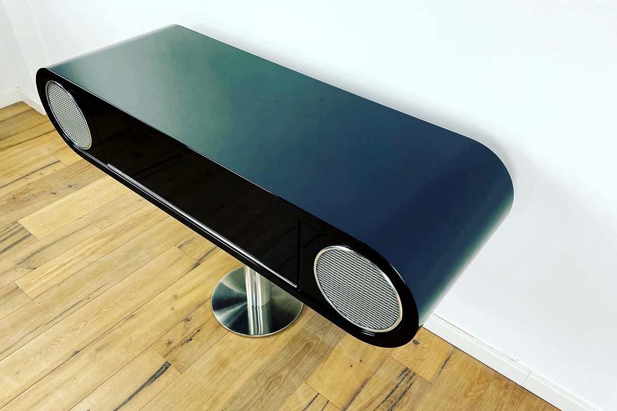 English Hi-Fi Furniture in Black Piano Lacquer and Polished Stainless Steel, 1970s