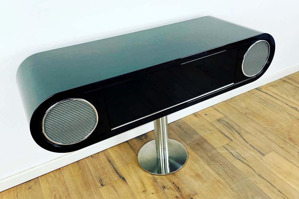 English Hi-Fi Furniture in Black Piano Lacquer and Polished Stainless Steel, 1970s