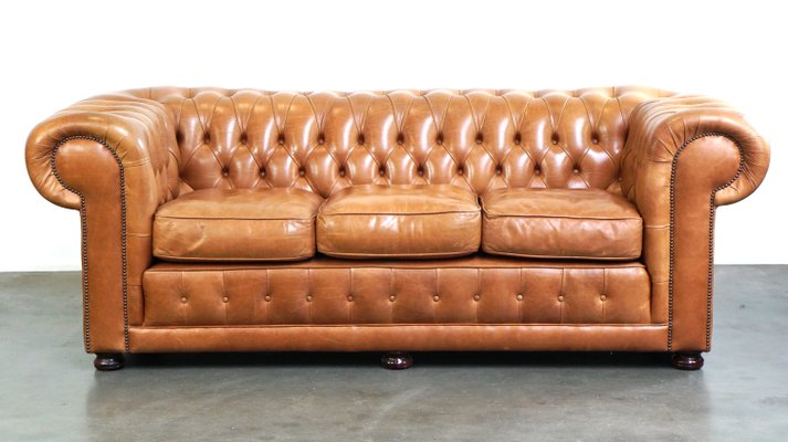 English Light Brown-Cream-Colored Cowhide Leather 2.5-seater Chesterfield Sofa-HPP-2018315