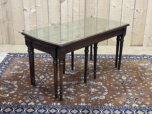 English Nesting Tables in Mahogany and Leather Top Under Glass, 1950s, Set of 3-QYF-1724022