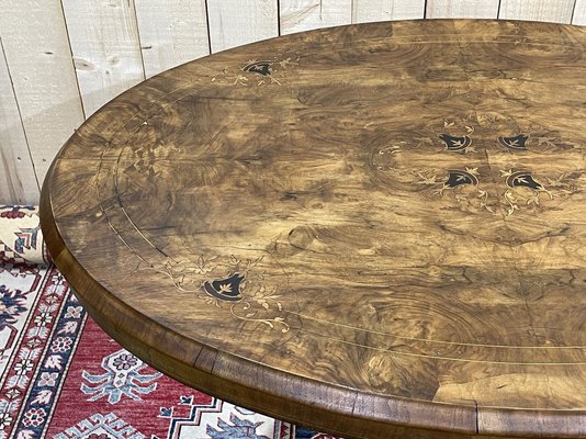 English Pedestal Table in Walnut Veneer, Ebony and Boxwood, Late 1800s-QYF-941759