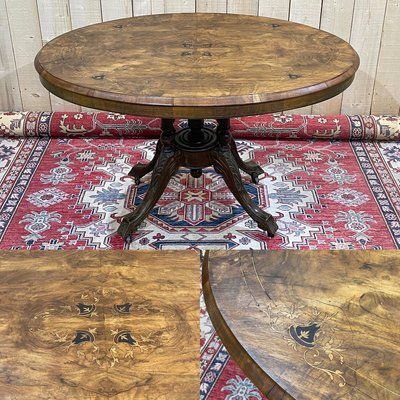 English Pedestal Table in Walnut Veneer, Ebony and Boxwood, Late 1800s-QYF-941759