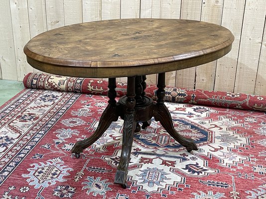 English Pedestal Table in Walnut Veneer, Ebony and Boxwood, Late 1800s-QYF-941759