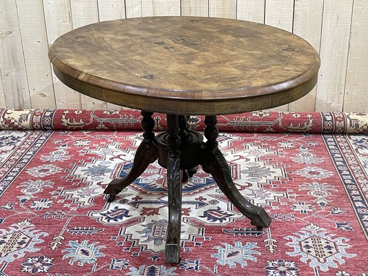 English Pedestal Table in Walnut Veneer, Ebony and Boxwood, Late 1800s-QYF-941759