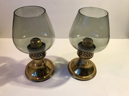 English Smoked Glass & Brass Candleholders by Martin Roehlen for Mason Standex International Ltd, 1970s, Set of 2-LCR-861801