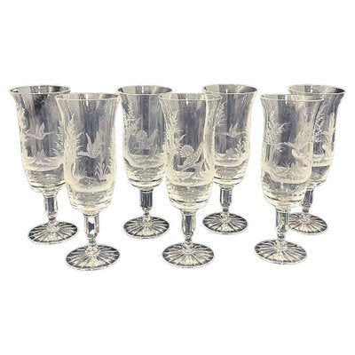 Engraved Drinking Glasses with a Landscape and Bird Scene, 1970s, Set of 7-UCH-1821653