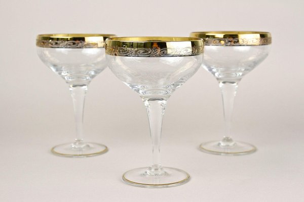 Engraved Murano Champagne Coupe Glasses with Gold Rim, 1940, Set of 6-TQA-2034397