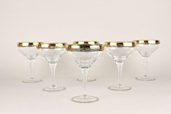 Engraved Murano Champagne Coupe Glasses with Gold Rim, 1940, Set of 6-TQA-2034397