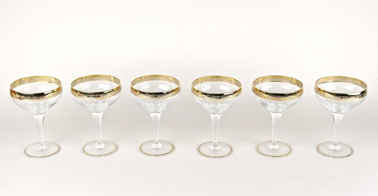 Engraved Murano Champagne Coupe Glasses with Gold Rim, 1940, Set of 6-TQA-2034397