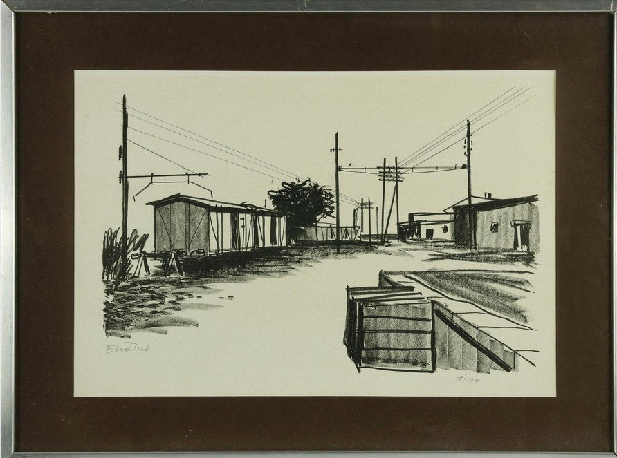 Enotrio Pugliese, Urban Landscape, Lithograph, Mid 20th Century