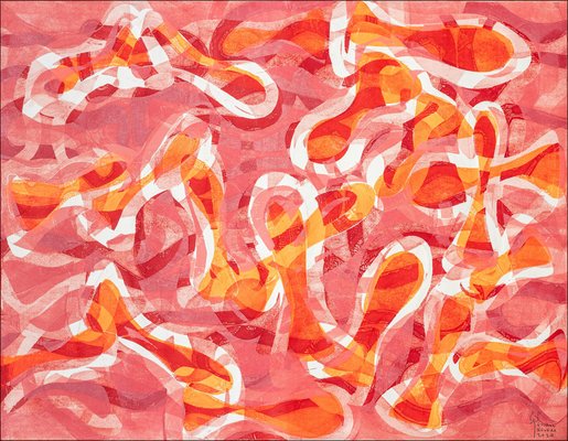 Enric Servera, Pink Seascape, Abstract Geometric Orange Fish Patterns, 2024, Monoprinting on Paper-RWC-2017677