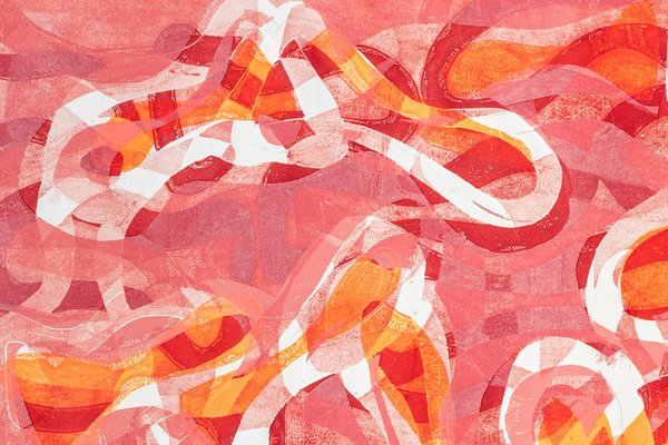 Enric Servera, Pink Seascape, Abstract Geometric Orange Fish Patterns, 2024, Monoprinting on Paper-RWC-2017677