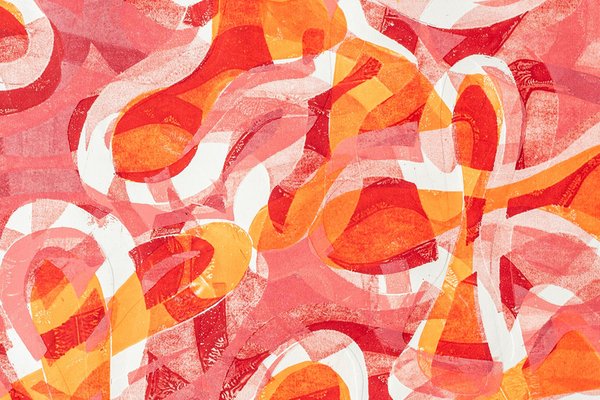 Enric Servera, Pink Seascape, Abstract Geometric Orange Fish Patterns, 2024, Monoprinting on Paper-RWC-2017677