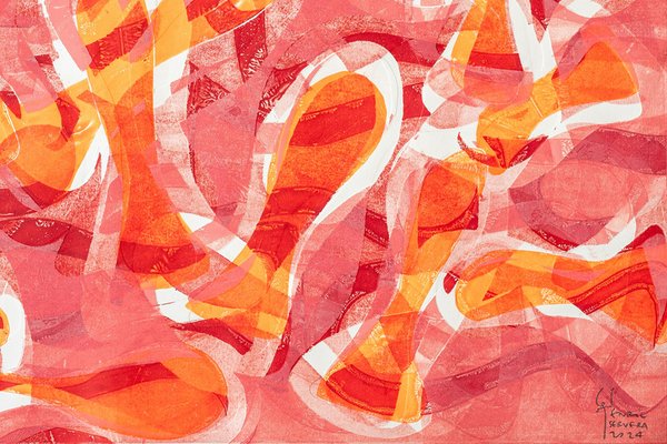 Enric Servera, Pink Seascape, Abstract Geometric Orange Fish Patterns, 2024, Monoprinting on Paper-RWC-2017677